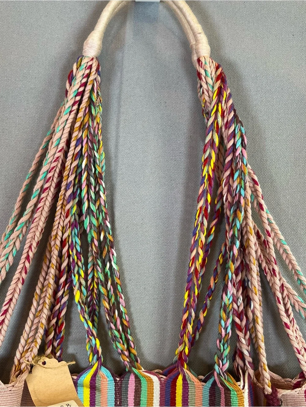 Boho ColorfulStriped Braided Handle Tote Bag w/Tassels WovenTexture BeachSummer